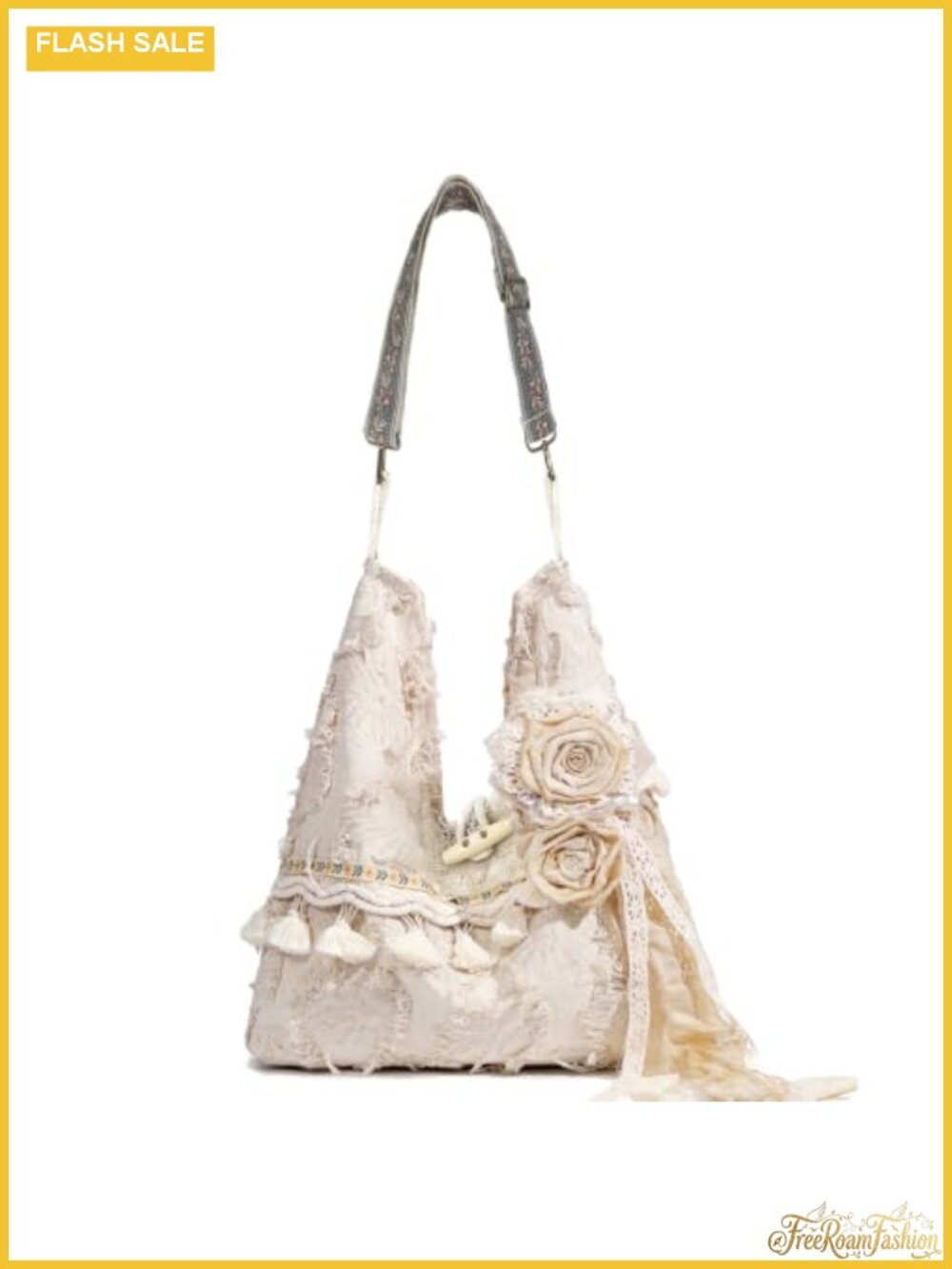 Boho Hobo Handbag Crossbody Purse with Guitar Strap Fringe Flowers Adjustable